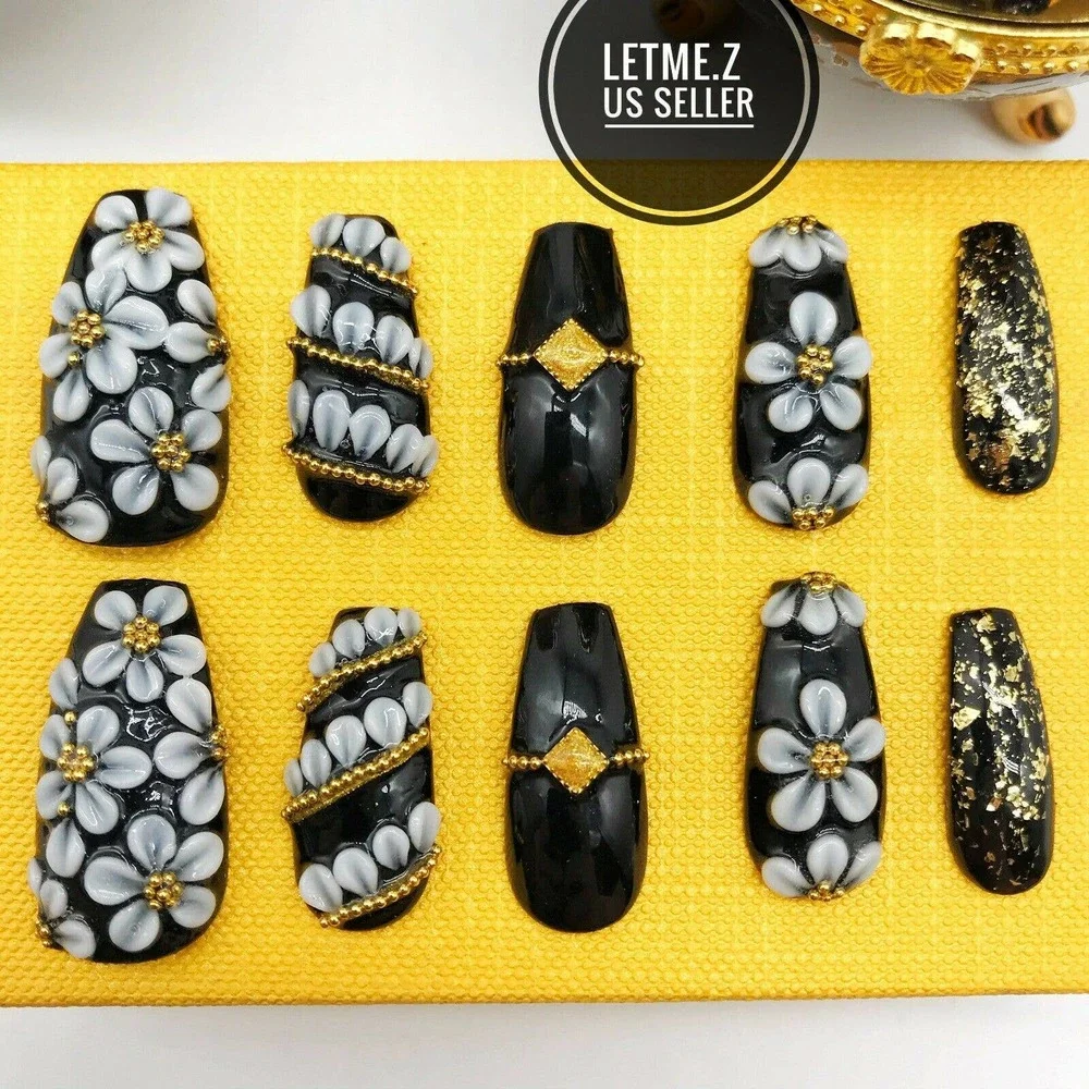 Press on‎ Nails Glue On Long Coffin 3D Black Gold